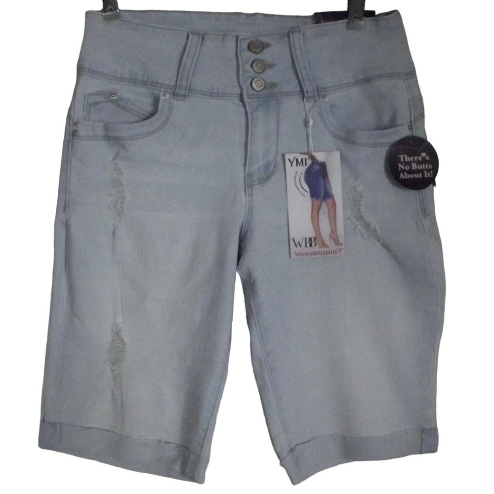 YMI WBB 3/26 Mid Rise Bermuda Jean Shorts Denim Rips Grind Whisk cut-off